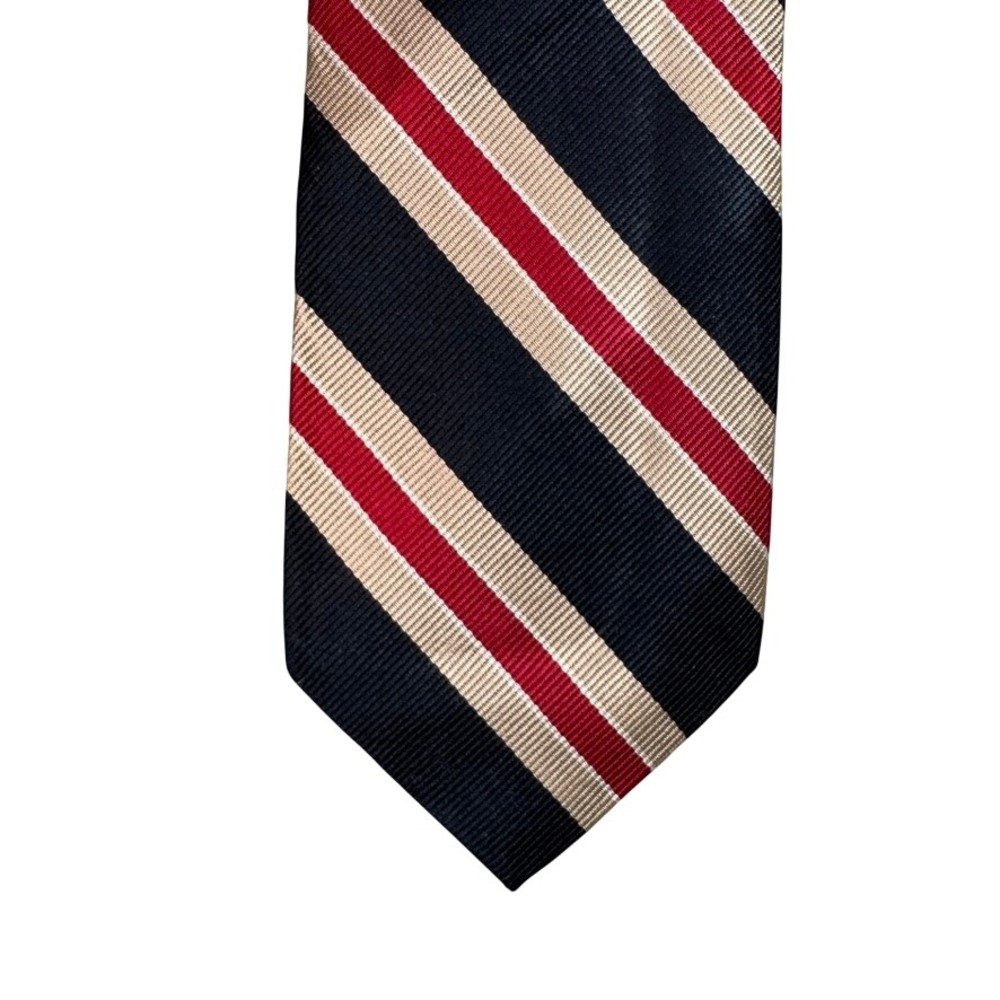 Lilly Dache Mens Silk Necktie Navy Blue Red Tan Striped Vintage Regimental Tie
